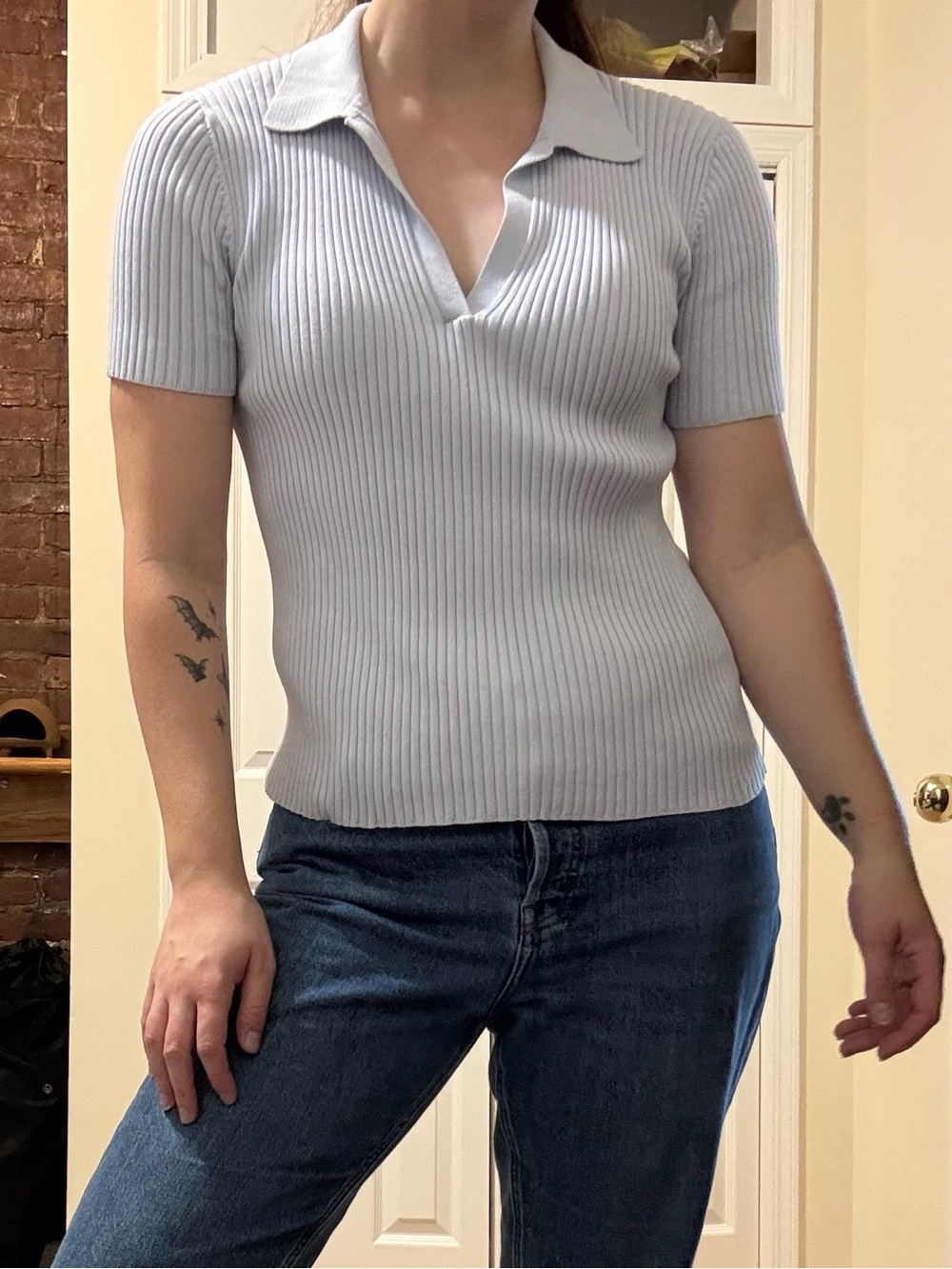 Calvin Klein Light Blue Ribbed Short-Sleeve Polo Top